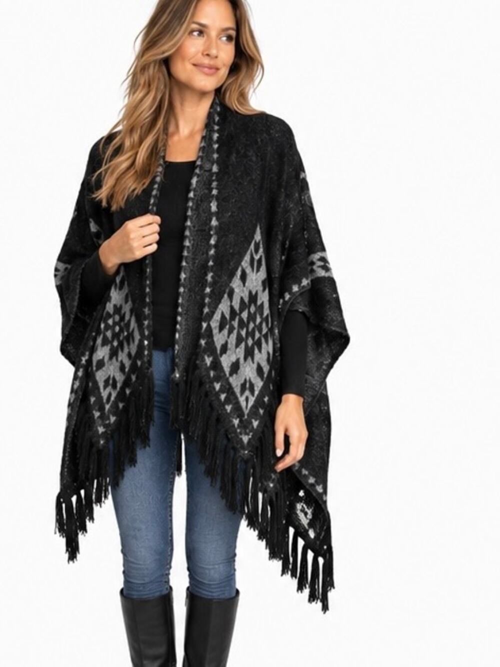 Montana West Womens Black Gray Aztec Fringe Poncho Shawl Wrap Western Boho OS